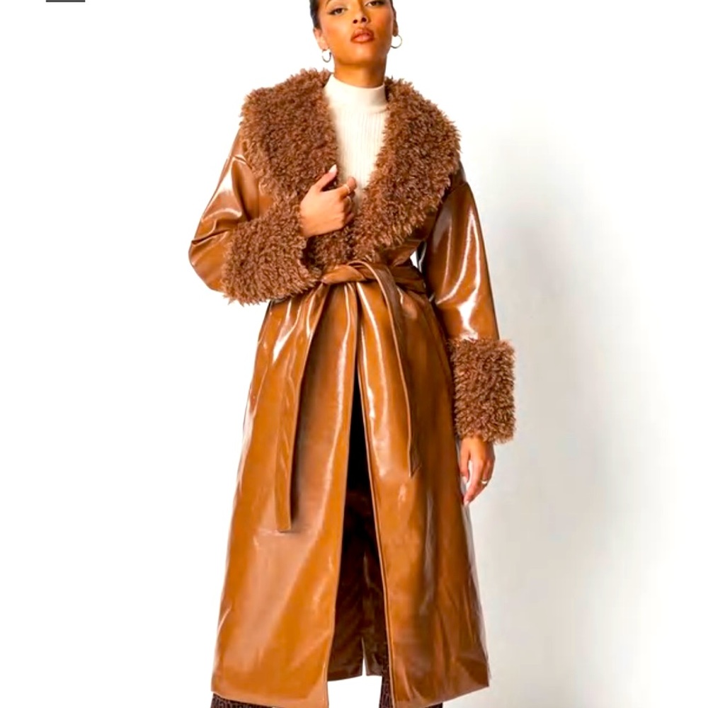 Misguided vinyl and faux fur Tan Coat